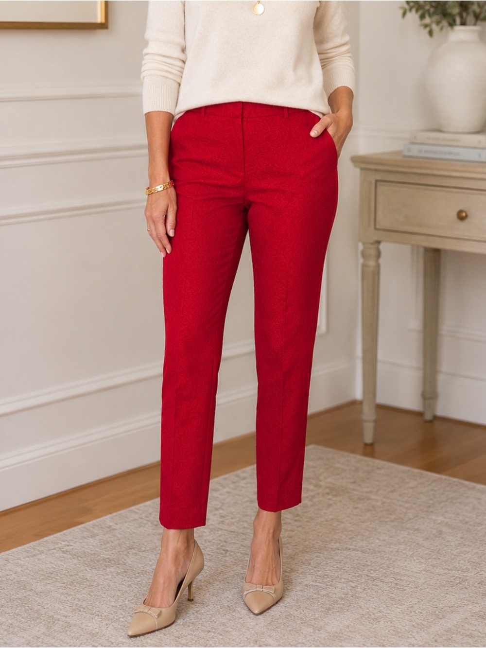 Talbots RSVP Red Women's Straight Ankle Trousers Brocade Pattern NWT